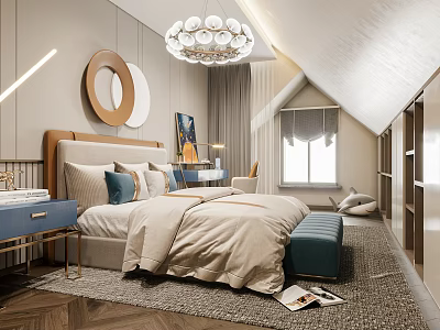Cozy Kids Room Interior Design With Bed Nightstand Chandelier Window Rug And Bookshelf 3d model