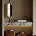 Modern Bathroom Washbasin With Marble Countertop Oval Mirror And Under Cabinet Lighting