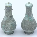 Two Antique Ceramic Vessels With Carved Patterns And Greenish Patina Lids
