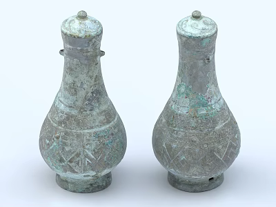 Two Antique Ceramic Vessels With Carved Patterns And Greenish Patina Lids 3d model
