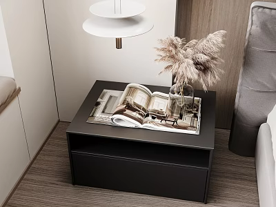 Modern Black Bedside Table With Pampas Grass Vase And Open Magazine In Bedroom 3d model