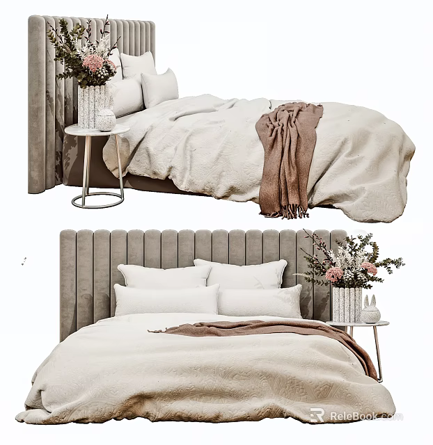 Cozy Double Bed With Upholstered Headboard Beige Bedspread Side Table Vase With Flowers And Blanket 3d model 