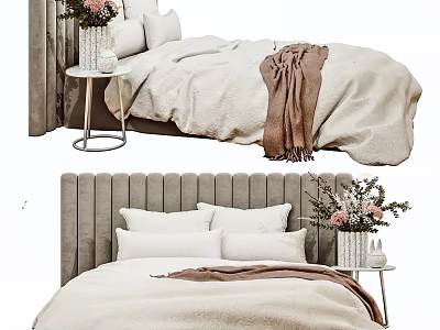 Cozy Double Bed With Upholstered Headboard Beige Bedspread Side Table Vase With Flowers And Blanket 3d model