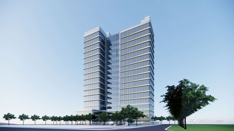 Modern High Rise Building With Glass Curtain Walls Surrounded By Trees And Road 3d model 