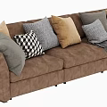 Modern Brown Leather Two-Seater Sofa With Plush Pillows And Cozy Blanket