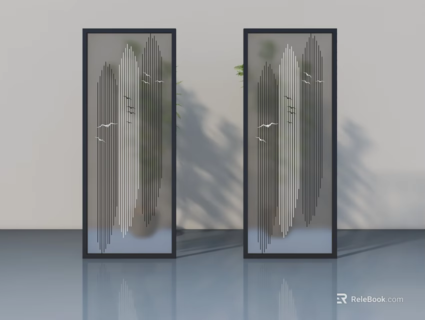 Modern Glass Hinged Doors With Vertical Stripe Design And Black Frames 3d model 
