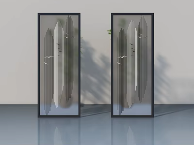 Modern Glass Hinged Doors With Vertical Stripe Design And Black Frames 3d model