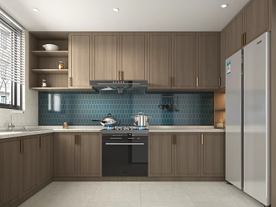 Modern Kitchen Interior With Wooden Cabinets Blue Tiled Backsplash And Stainless Steel Appliances 3d model