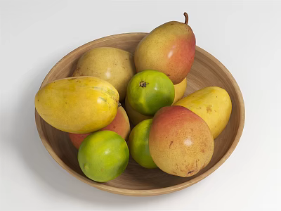 Fresh Mixed Fruits in Wooden Bowl Including Mangoes and Pears with Colorful Hues 3d model