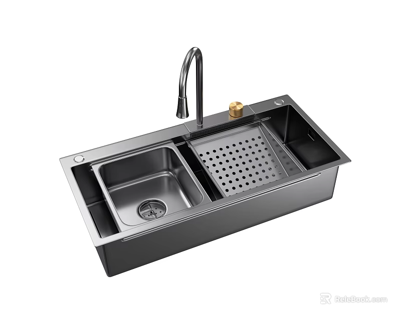 Modern Black Double Bowl Kitchen Sink with Faucet and Drainage Basket 3d model 