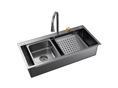 Modern Black Double Bowl Kitchen Sink with Faucet and Drainage Basket 3d model