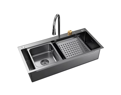 Modern Black Double Bowl Kitchen Sink with Faucet and Drainage Basket 3d model