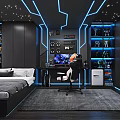 Gaming Entertainment Room With Bed Blue LED Lights And Display Shelves