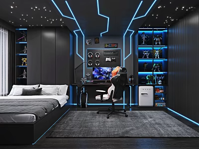 Gaming Entertainment Room With Bed Blue LED Lights And Display Shelves 3d model