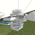 Modern Detached Villa With White Circular Roof Glass Facade Swimming Pool And Lush Greenery