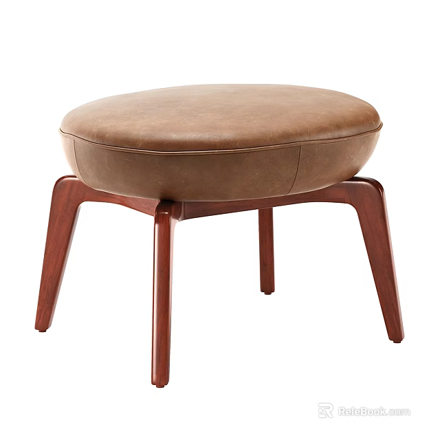 Round Brown Leather Stool With Wooden Legs And Comfortable Seat Design 3d model 