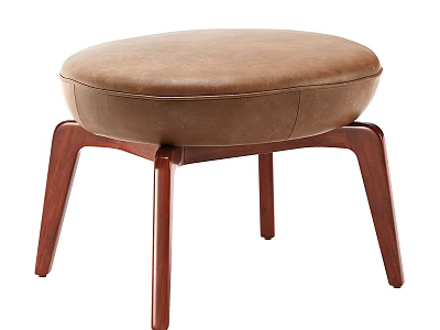 Round Brown Leather Stool With Wooden Legs And Comfortable Seat Design 3d model