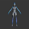 Futuristic Sci Fi Character In Blue And White Cybernetic Costume With Helmet