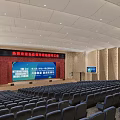 Modern Conference Room With Spacious Seating Stage Large Screen And Ceiling Lights 3d model