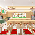Chongqing Noodles Restaurant Green Wooden Interior With Order Counter Red Stools Menu Posters Ceiling Fans