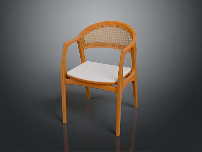 Stylish Wooden Chair With Woven Rattan Armrests And White Padded Seat 3d model