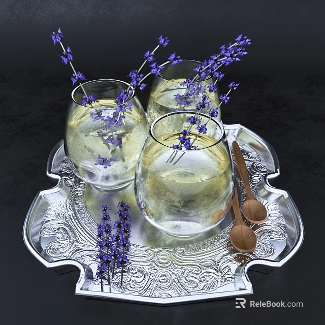 Elegant Glass Cups With Lavender Ice Cubes On Silver Tray And Wooden Spoons 3d model 