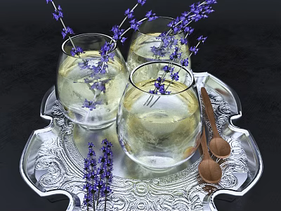 Elegant Glass Cups With Lavender Ice Cubes On Silver Tray And Wooden Spoons 3d model