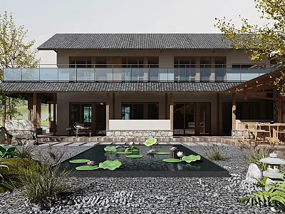 Traditional Courtyard Garden With Pond Water Lilies Gravel Patio Seating And Stone Lantern 3d model