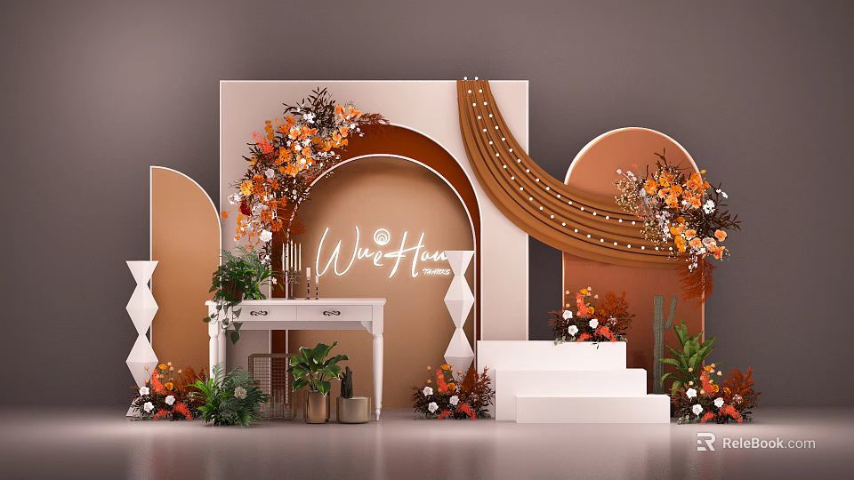 Wedding Decor Setup Featuring Arch Floral Arrangement Steps And Warm Tones 3d model 