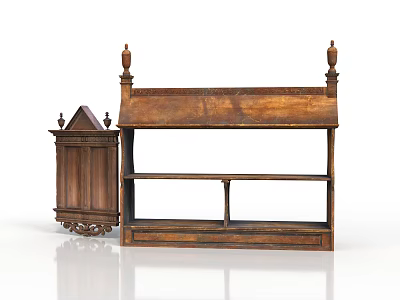 Traditional Carved Wooden Cabinet and Two Tiered Shelf with Decorative Finials and Details 3d model