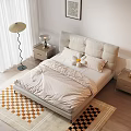 Modern Double Bed with Beige Upholstered Headboard Striped Bedspread Nightstands Floor Lamp and Geometric Rug