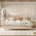 Bright Bedroom With Beige Bed White Bedding Brown Throw Geometric Rug Large Windows And Plants