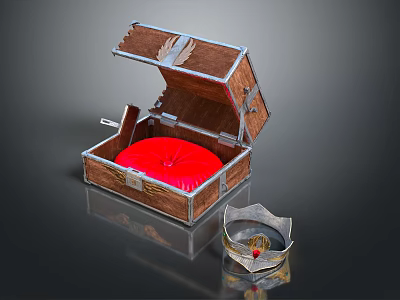 Elegant Crown Fashion Accessory Inside Vintage Wooden Chest With Red Lining 3d model