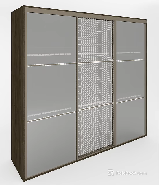 Modern Sliding Door Wardrobe With Wooden Frame And Glass Grid Pattern Panels Design 3d model 