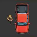 Red Pickup Truck With Cartoon Character Standing Beside Tripod And Tools
