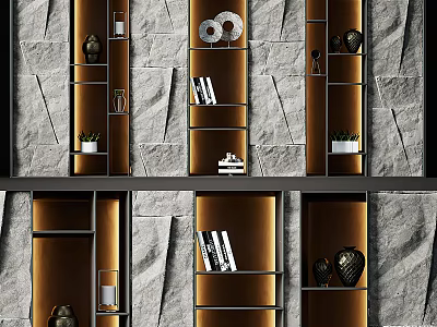 Modern Open Bookcase With Metal Frames Marble Wall Books And Decorative Vases 3d model