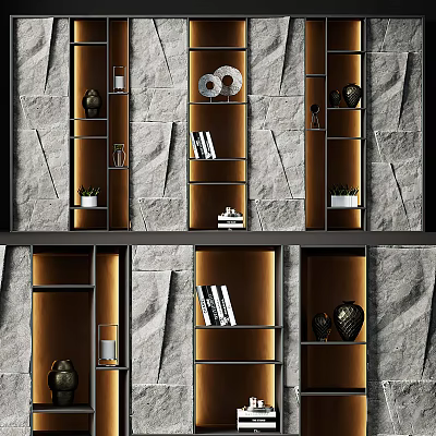 Modern Open Bookcase With Metal Frames Marble Wall Books And Decorative Vases 3d model