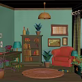 Cartoon Room Interior Scene With Turquoise Walls Wooden Ceiling Yellow Lamp Red Armchair And Plants