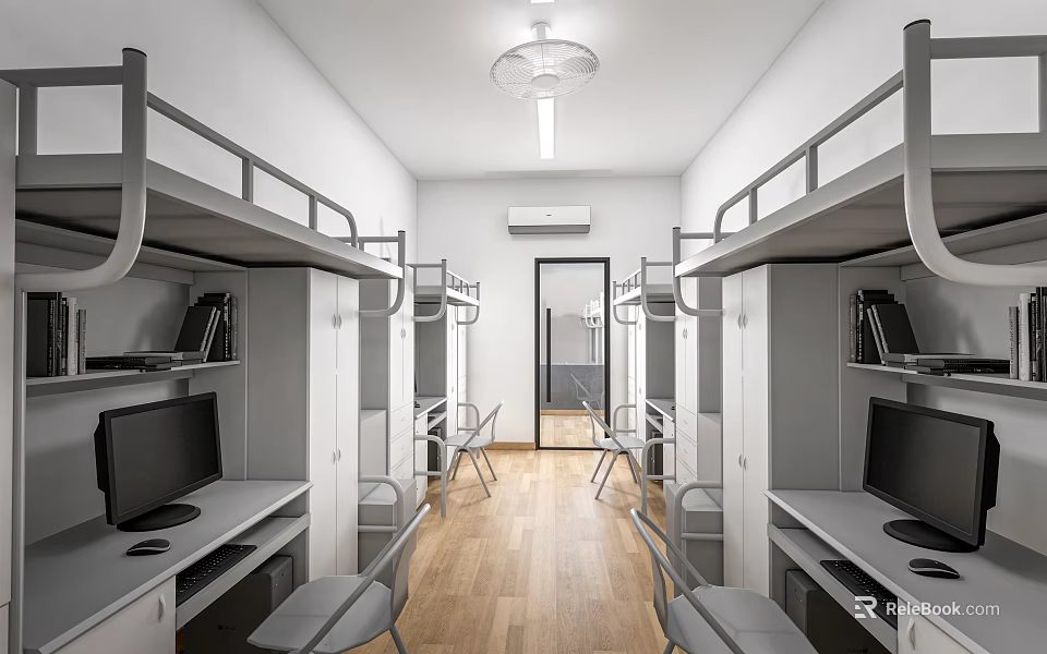 School Dormitory Interior With Bunk Beds Desks Computers And Wooden Floors 3d model 