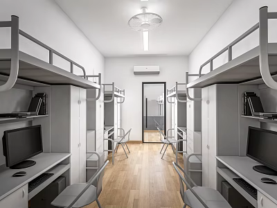 School Dormitory Interior With Bunk Beds Desks Computers And Wooden Floors 3d model