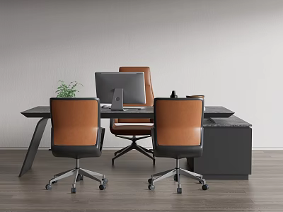 Modern Office Desk Setup With Computer Monitor Ergonomic Chairs And Green Plant 3d model