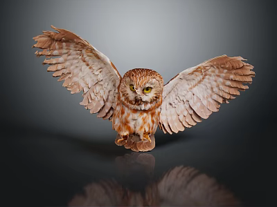 Brown and White Owl With Spread Wings Flying Against Dark Background With Reflection 3d model