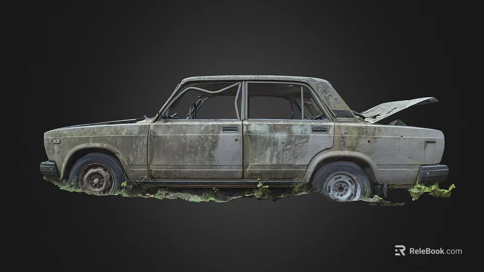 Old Rusty Car With Damaged Body And Open Hood Surrounded By Weeds On Black Background 3d model 