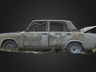 Old Rusty Car With Damaged Body And Open Hood Surrounded By Weeds On Black Background 3d model