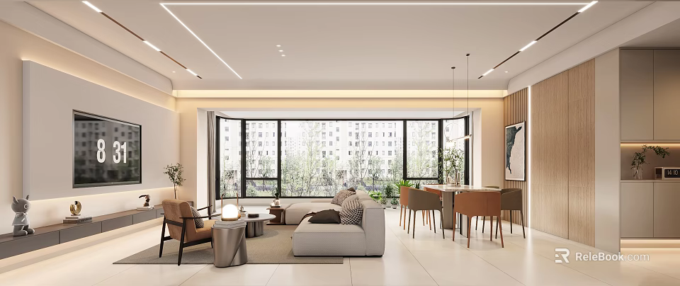 Modern Living Dining Room Interior With Sofa Dining Table And Large Windows 3d model