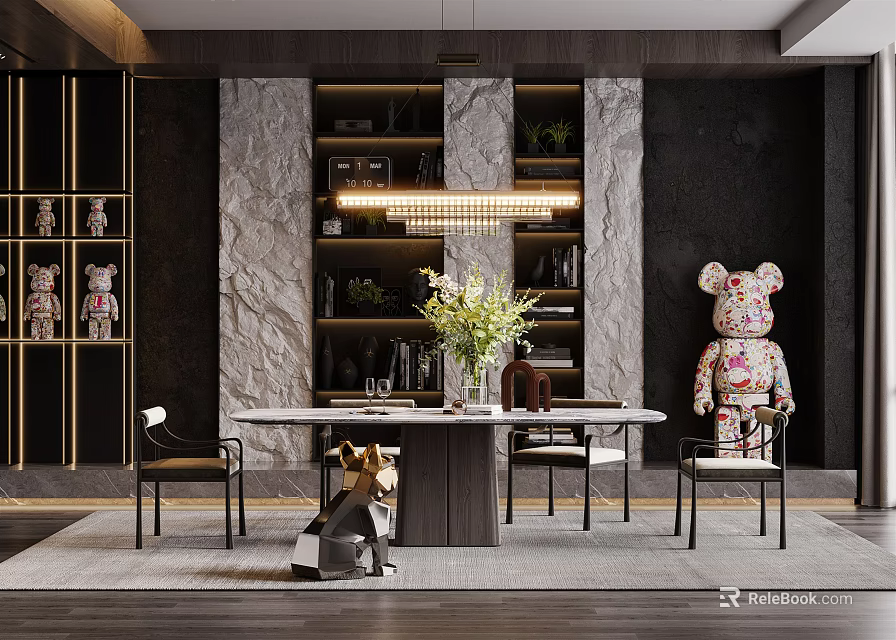 Modern Restaurant Interior With Dining Table Chairs Chandelier Marble Walls And Green Plants 3d model 