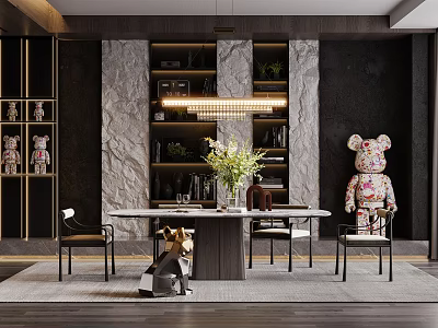 Modern Restaurant Interior With Dining Table Chairs Chandelier Marble Walls And Green Plants 3d model
