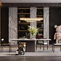 Modern Restaurant Interior With Dining Table Chairs Chandelier Marble Walls And Green Plants
