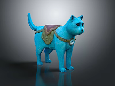 Blue Cat Like Creature Sculpture Featuring Green Cloth Saddle And White Ornament Details 3d model