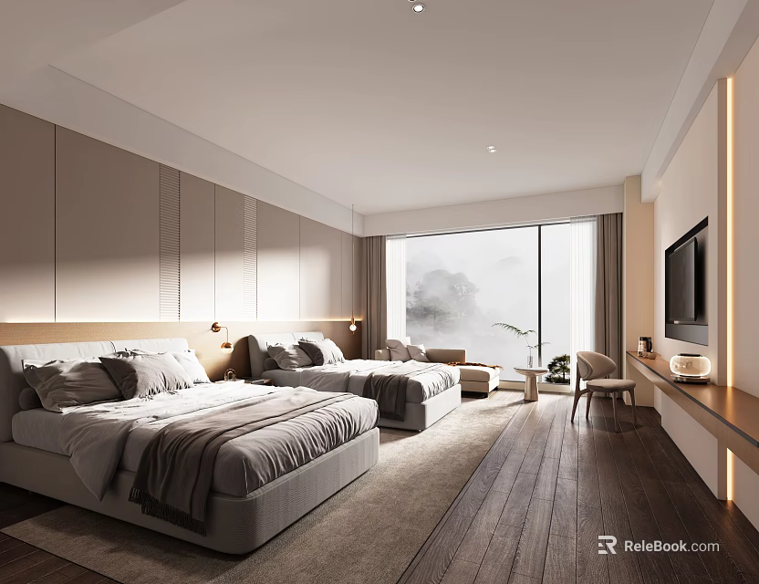 Hotel Guest Room with Two Double Beds LED Lights Floor-to-Ceiling Windows Mountain View Wooden Flooring 3d model 